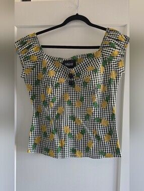 Collectif Black & White Gingham Pineapple Print Cap Sleeve Top